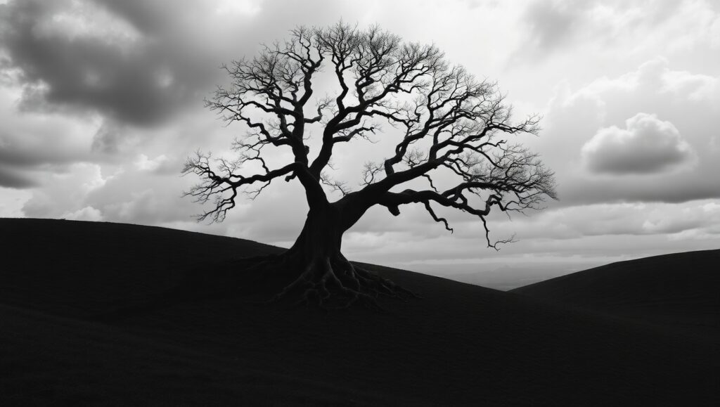 Lonely Tree Under Stormy Skies – free AI stock image