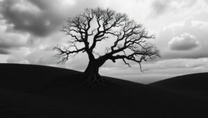 Lonely Tree Under Stormy Skies – free AI stock image