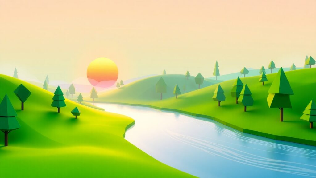 Low-Poly Serene Valley Scene – free AI stock image