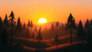 Low-Poly Sunset in the Forest – free AI stock image