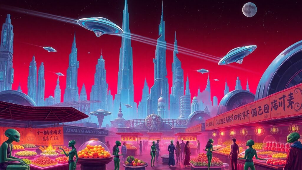 Luminescent Alien Cityscape – free AI stock image