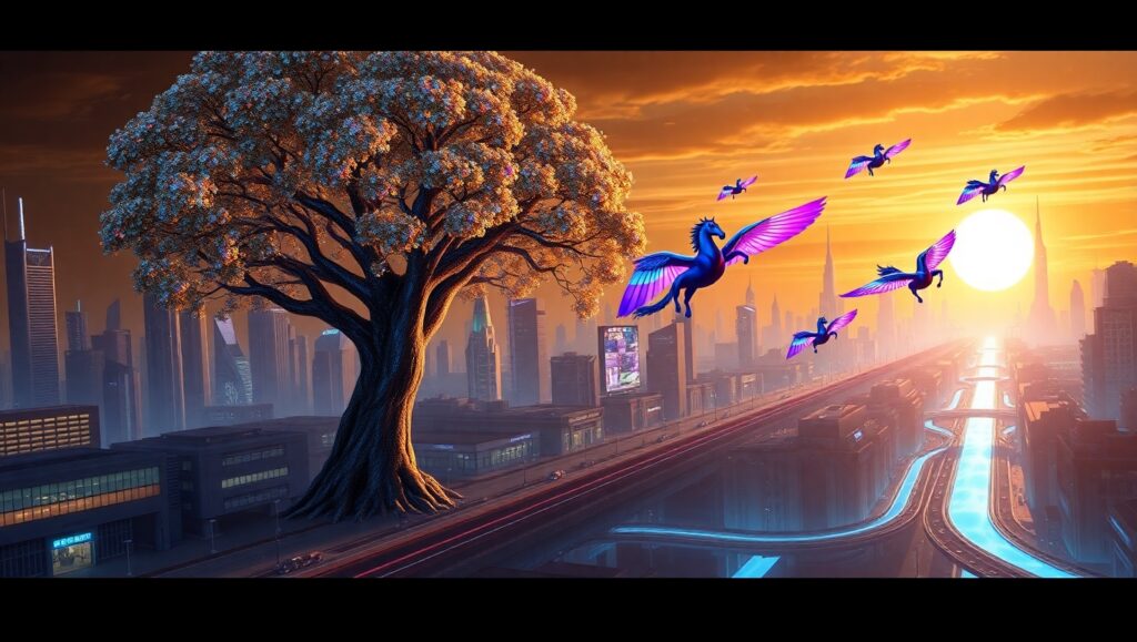 Luminescent Tree Over Futuristic City – free AI stock image
