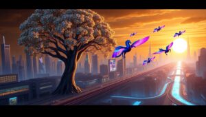 Luminescent Tree Over Futuristic City – free AI stock image