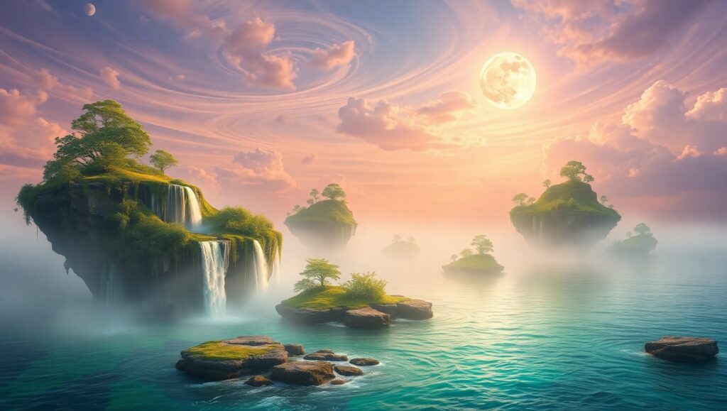 Luminous Floating Isles at Dusk – free AI stock image