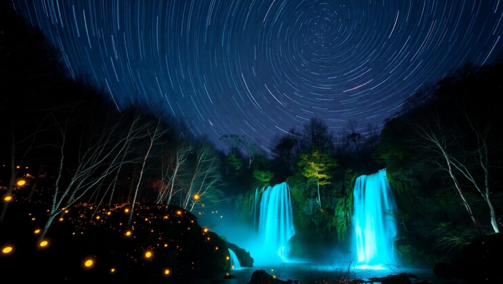 Luminous Waterfall at Night – free AI stock image