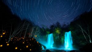 Luminous Waterfall at Night – free AI stock image