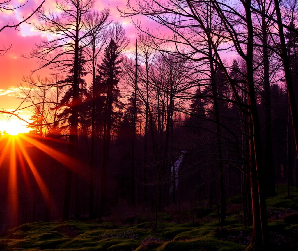 Lush Forest Under a Glorious Sunset – free AI stock image