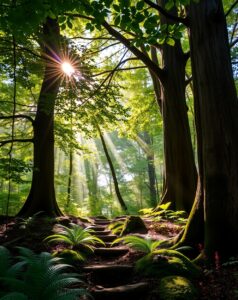 Lush Forest with Glimmering Sunlight – free AI stock image