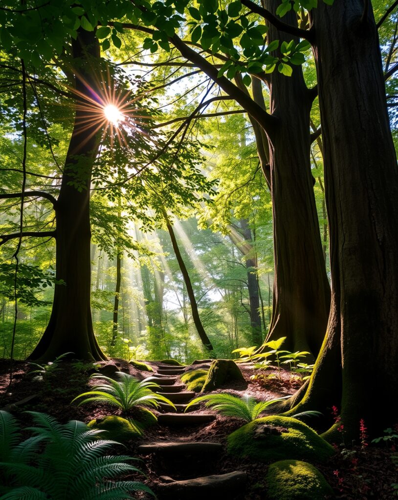 Lush Forest with Glimmering Sunlight – free AI stock image