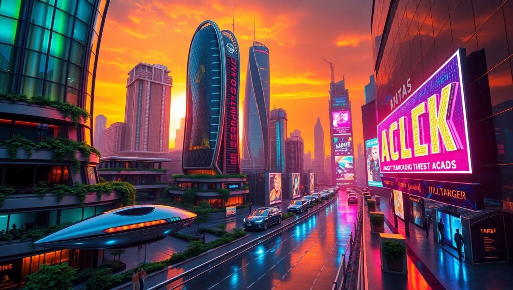 Lush Futuristic City at Sunset – free AI stock image