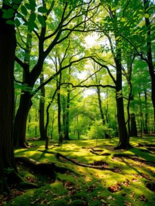 Lush Green Forest Background with Sunlight – free AI stock image