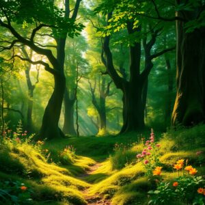 Lush Green Forest Background with Sunlight – free AI stock image