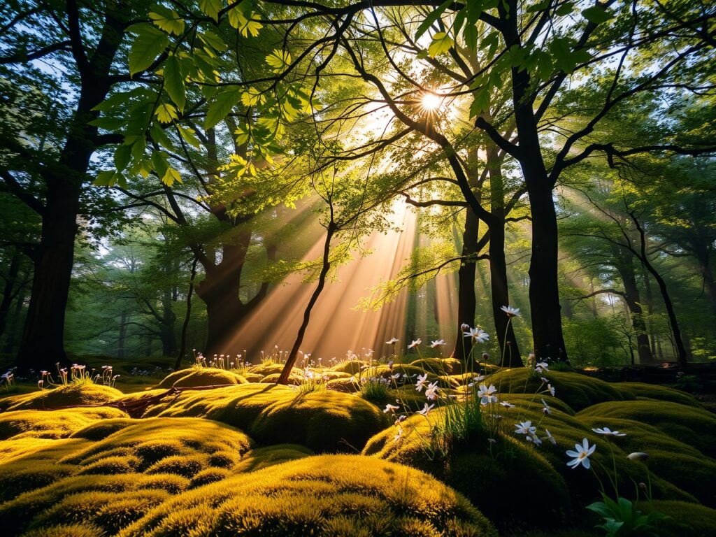 Lush Green Forest Under a Golden Sunrise – free AI stock image