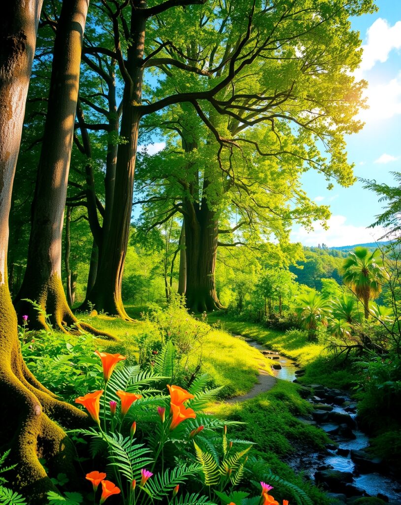 Lush Green Forest Under Bright Blue Sky – free AI stock image