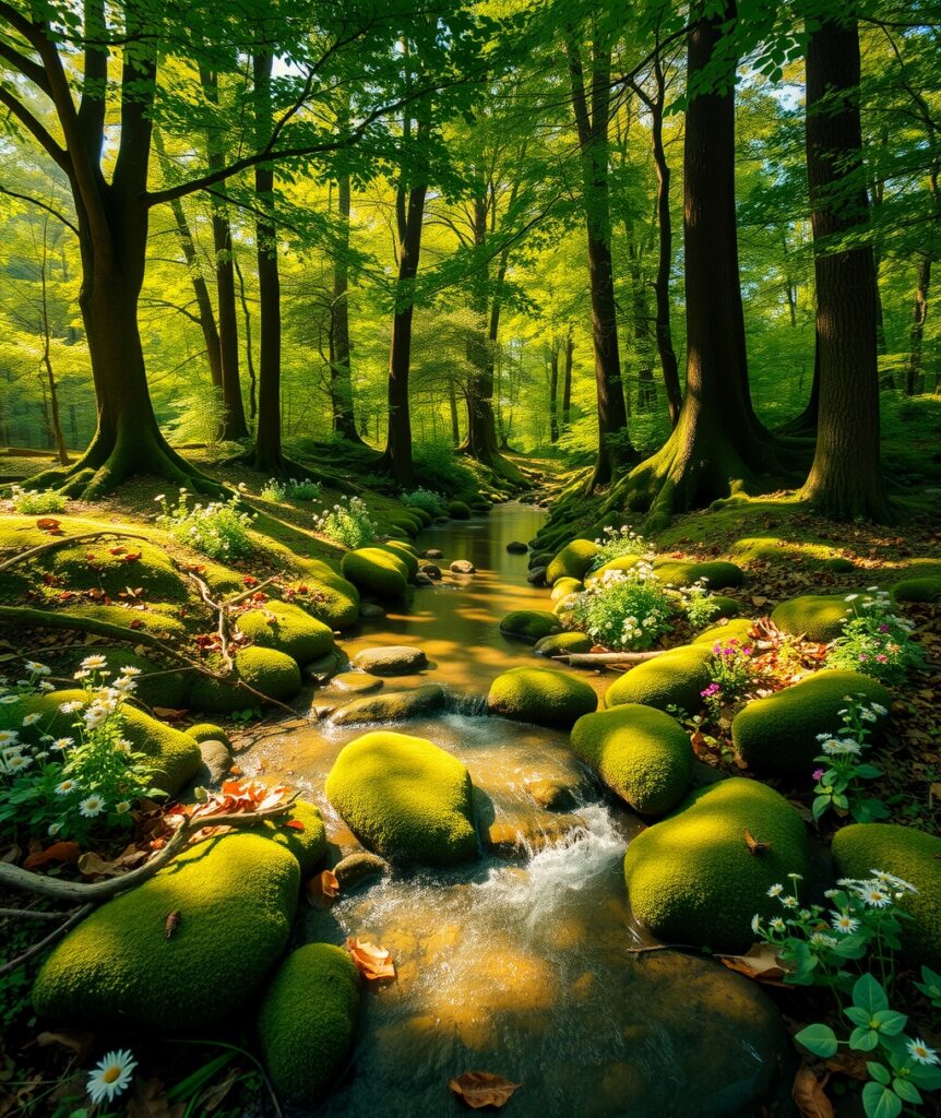 Lush Green Forest with Flowing River – free AI stock image