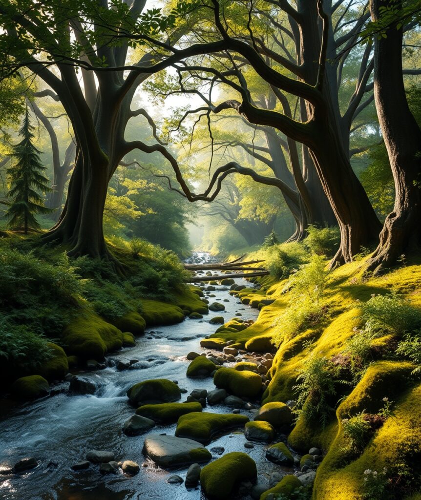 Lush Green Forest with Flowing River – free AI stock image