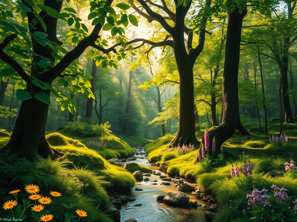 Lush Green Forest with Gentle Stream – free AI stock image