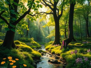 Lush Green Forest with Gentle Stream – free AI stock image