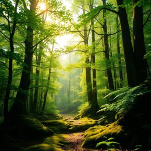 Lush Green Forest with Sunlight Beaming Through – free AI stock image