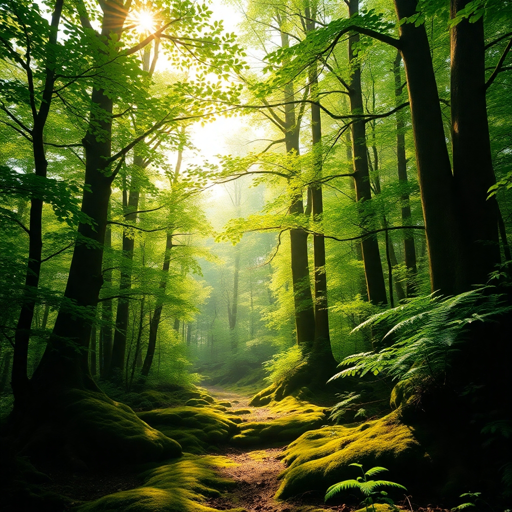 Lush Green Forest with Sunlight Beaming Through – free AI stock image