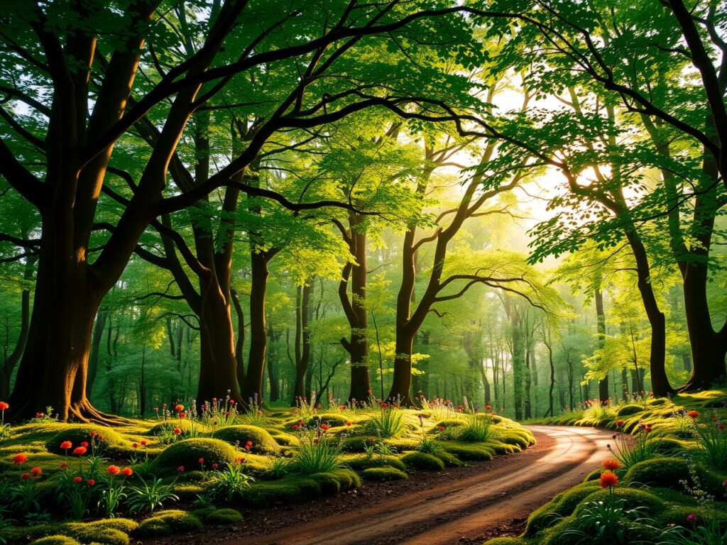Lush Green Forest with Sunlight Beams – free AI stock image