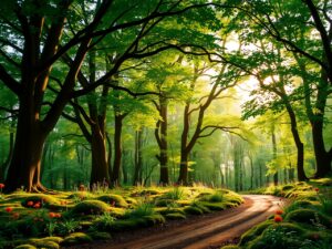 Lush Green Forest with Sunlight Beams – free AI stock image