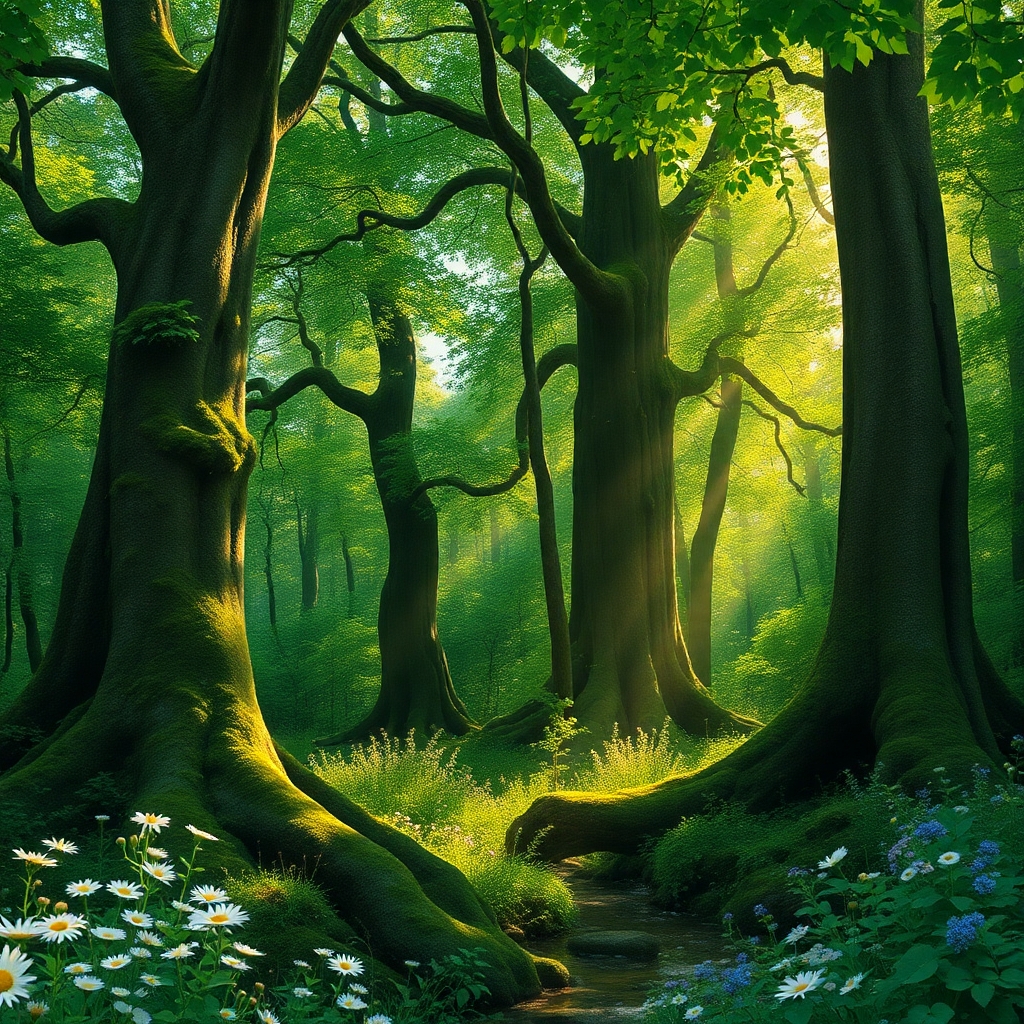 Lush Green Forest with Sunlight Filtering Through – free AI stock image