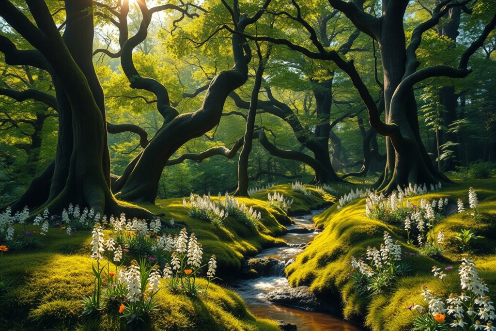 Lush Green Forest with Sunlight Streaming Through – free AI stock image