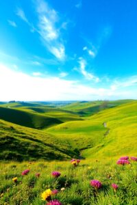 Lush Green Hills Under a Bright Blue Sky – free AI stock image