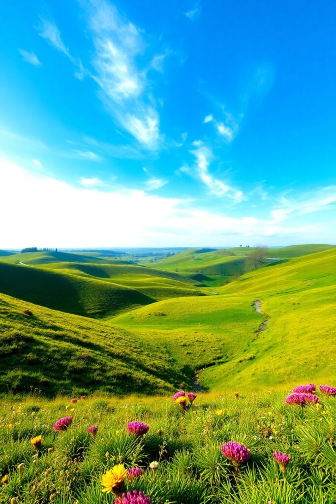 Lush Green Hills Under a Bright Blue Sky – free AI stock image