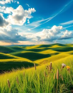 Lush Green Hills Under a Clear Blue Sky – free AI stock image