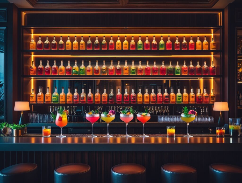 Luxury Cocktail Bar with Exotic Drink Displays – free AI stock image