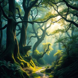 Magical Forest Bathed in Ethereal Light – free AI stock image
