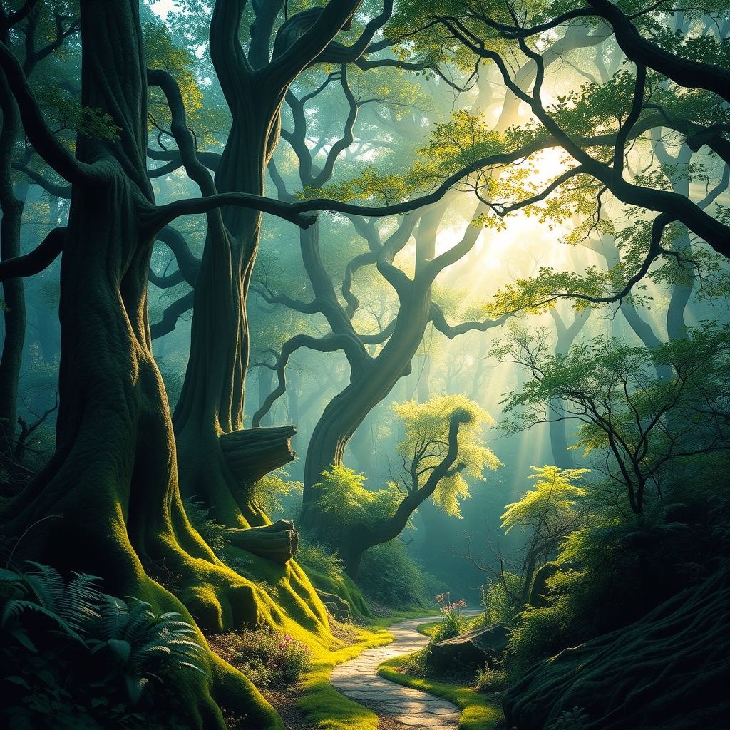 Magical Forest Bathed in Ethereal Light – free AI stock image
