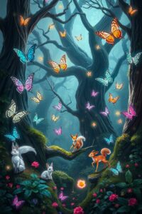 Magical Forest with Animated Wildlife – free AI stock image