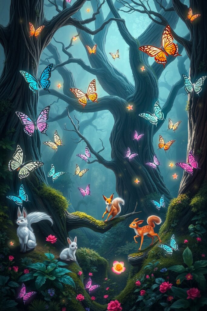 Magical Forest with Animated Wildlife – free AI stock image
