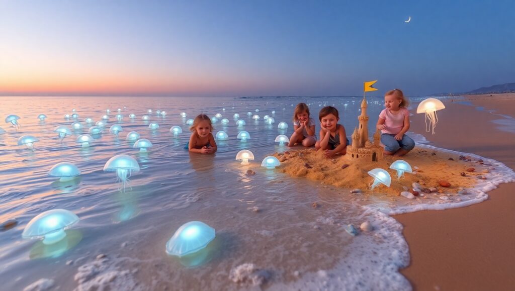 Magical Jellyfish Beach Scene – free AI stock image