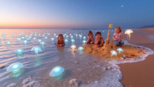 Magical Jellyfish Beach Scene – free AI stock image