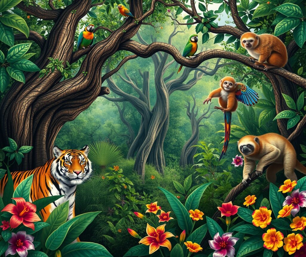 Magical Jungle Scene with Exotic Animals – free AI stock image