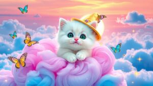 Magical Kitten Floating on Clouds – free AI stock image