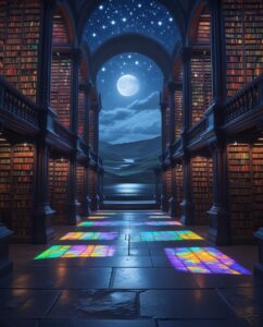 Magical Library Under a Starry – free AI stock image