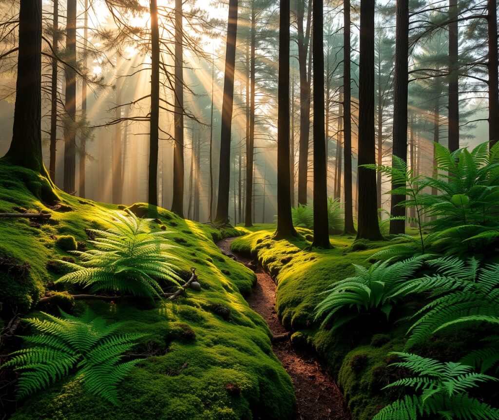 A Magical Morning in the Pine Forest – free AI stock image