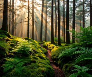 A Magical Morning in the Pine Forest – free AI stock image