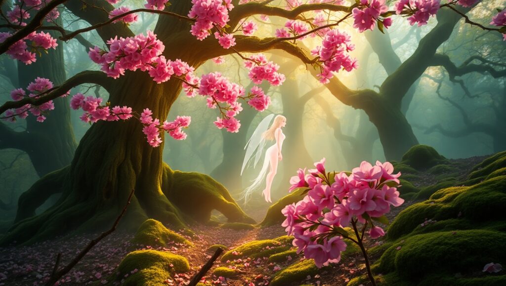 Magical Spirit in Cherry Blossom Forest – free AI stock image
