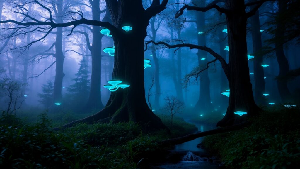 Magical Twilight Forest Glow – free AI stock image