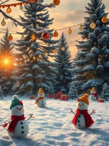 Magical Winter Holiday Scene with Snowmen – free AI stock image