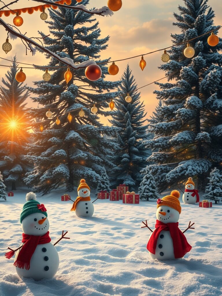 Magical Winter Holiday Scene with Snowmen – free AI stock image