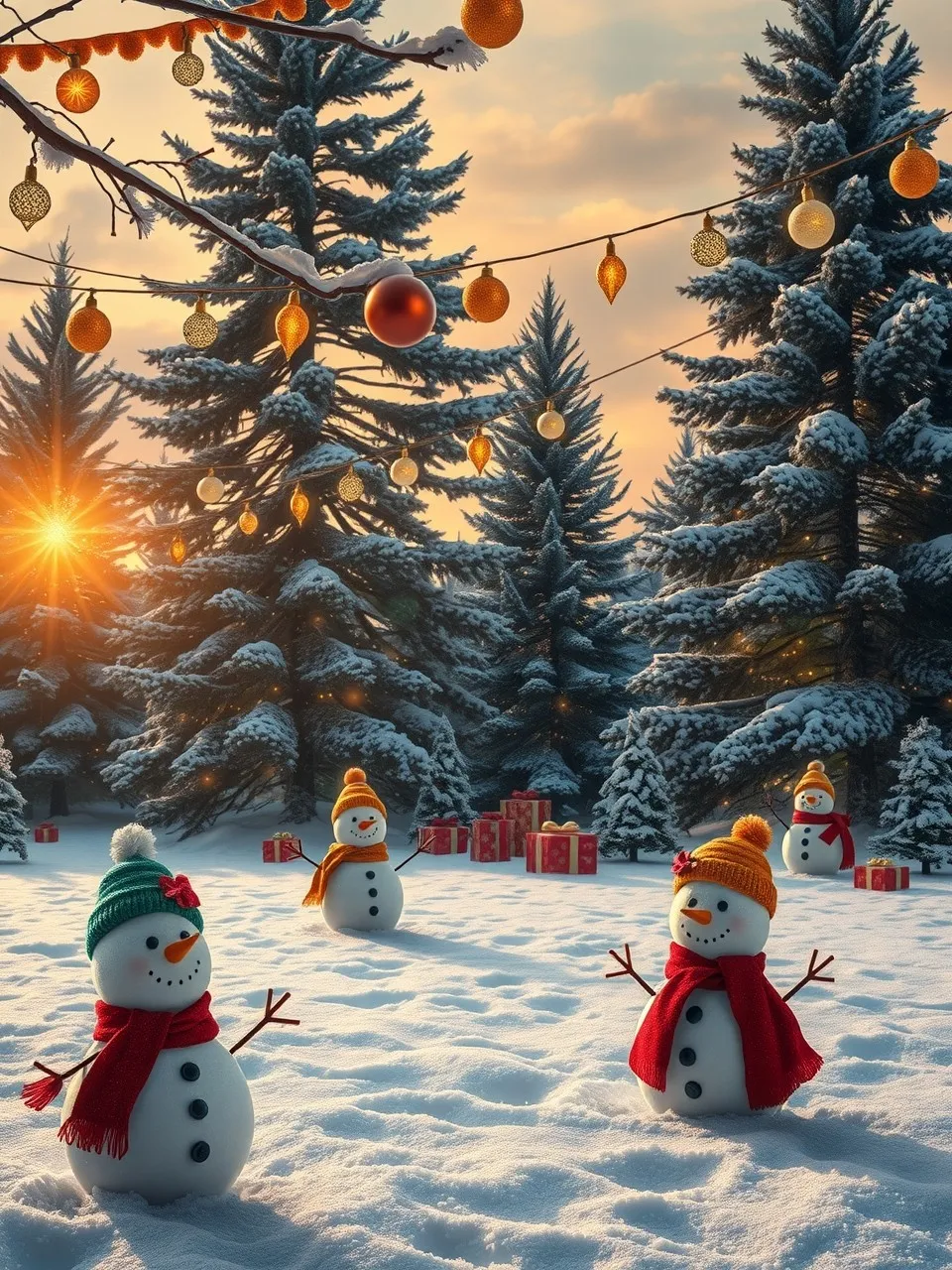 Magical Winter Holiday Scene with Snowmen