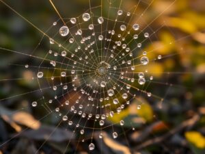 Magnified Beauty of a Dewy Spider Web – free AI stock image