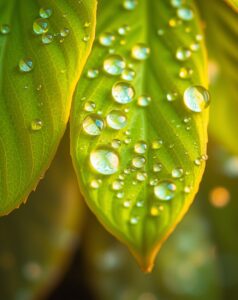 Magnified Dew Drops on Green Leaf – free AI stock image